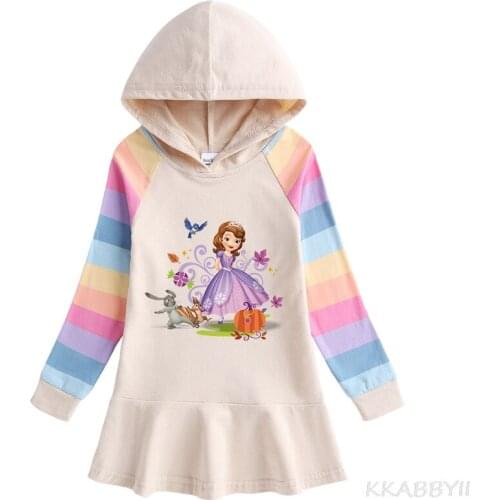 Autumn New Cartoon Rainbow Girl Dress Childrens Long Sleeves Hooded Hoodie Sofia Princess Skirt