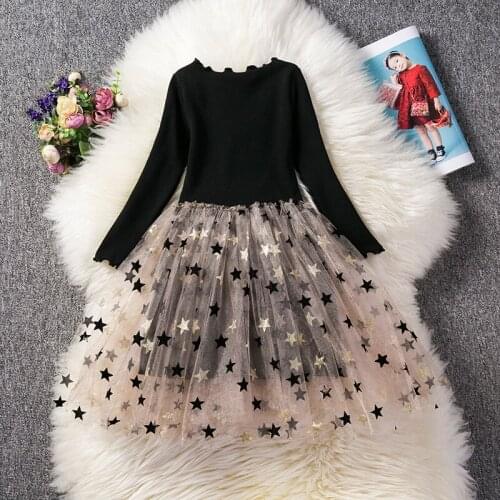 Girls Clothes Star Sparkle Chiffon Dresses for Kid Autumn Knitting Vestidos Christmas Evening Costumes Children Party Clothes