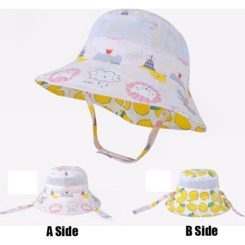 Double-side 2020 Summer Baby Boys Girl Cotton Breathable Panama Kids Cartoon Mesh Bucket Hat Wide Brim Childrens Beach Sun Hats