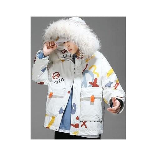 High Street Oversize Padded Parkas Graffiti Little Devil Print Jackets Winter Harajuku Windbreaker Large Fur Collar Coat Couple