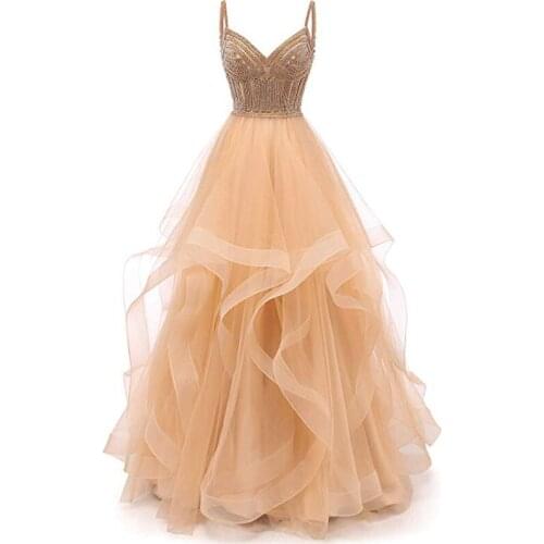 Real Photos Tulle Crystal Beads Prom Dresses Long Elegant Women Formal Evening Dresses Spaghetti Strap Lace-up Back