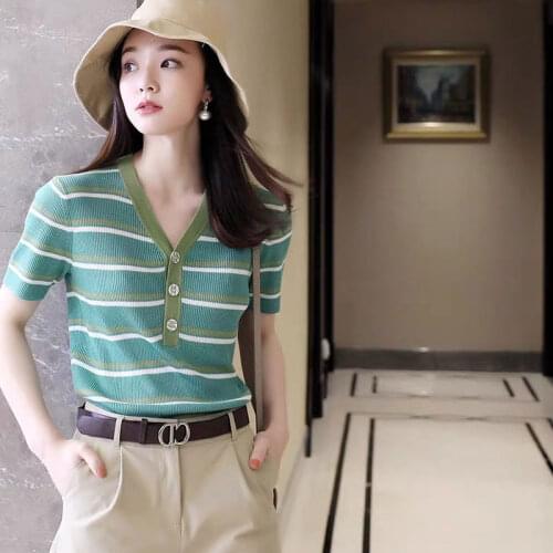 V-neck Ice Silk Knitwear Womens Summer 2021 New Short-Sleeved T-shirt Small Striped Contrast Color Thin Top European Station