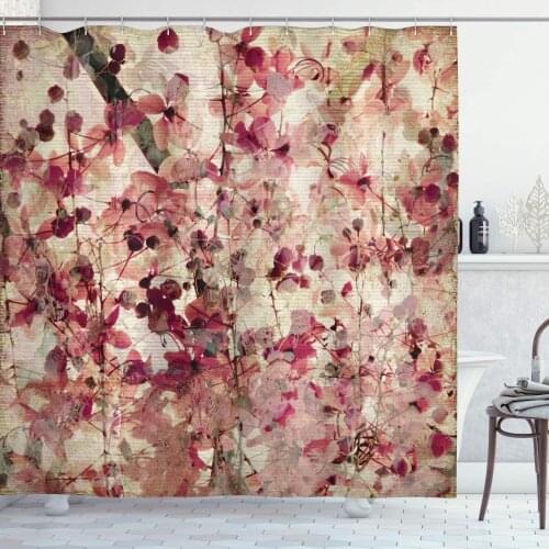Antique Shower Curtain Grungy Effect Cherry Blossoms on Ribbed Bamboo Retro Background Floral Art Work Bathroom Decor Set