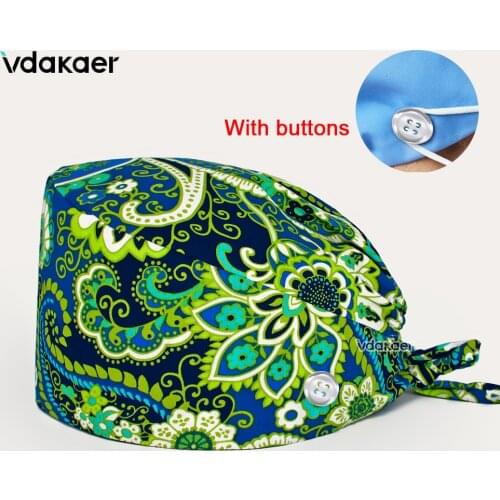 Green flower print surgical cap vet cap With Buttons scrubs caps for long hair bouffant scrub hat bouffant nursing cap