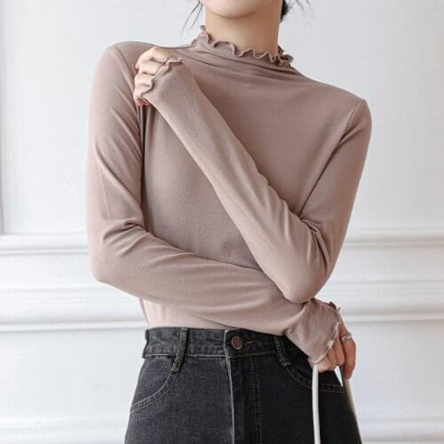 Turtleneck Ruched Women Tshirt High Elastic Solid 2021 Fall Winter Fashion Pullovers Women Slim Modal Cotton Tee Shirt Femme