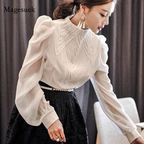 New Spring Chiffon Blouse Woman Korean Style Chic Vintage Shirts Tops Female Pleated Stand Collar Casual Women Blouses 12945