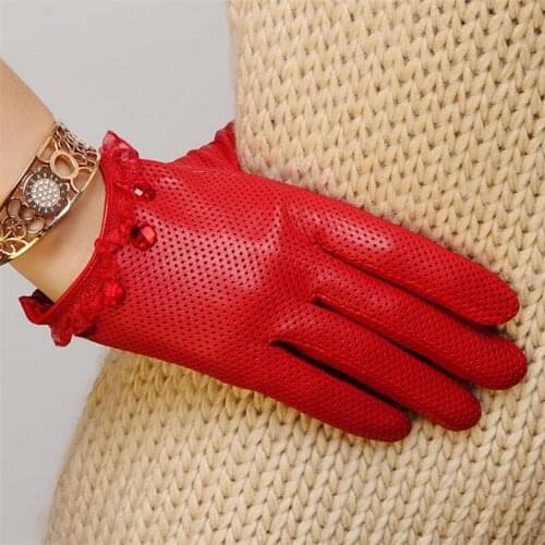 Top Fashion 2018 Women Gloves Wrist Lace Beaded Comfortable Perforated Genuine Leather Solid Goatskin Glove 3 Color L006N-5