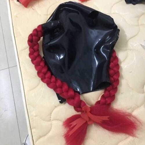 Women Latex Hood Mask Handmade Rubber Hood with Tube Red Hair for Party