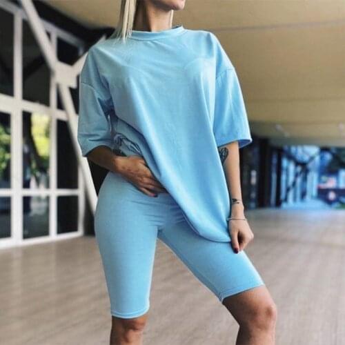 Women Summer Solid 2 Piece Outfit Sets Oversized Loose T-Shirt Tops Bodycon Biker Shorts Workout Sports Home Tracksuit with Wais