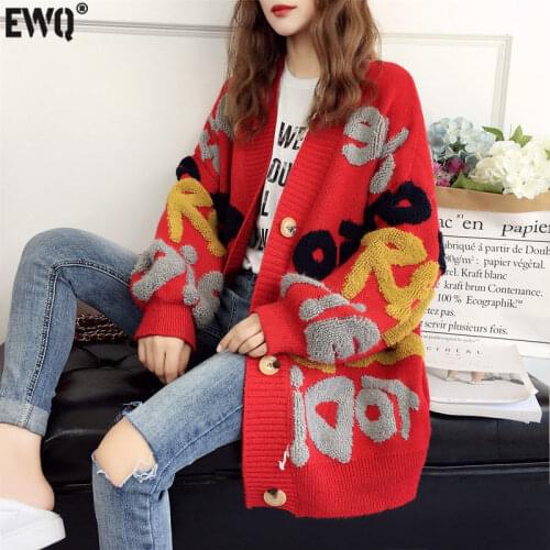 [EWQ] Women Letter Print Knitted Sweater Autumn Winter Large Size Overcoats Long Sleeve Single Breasted Thick Loose Cardigan