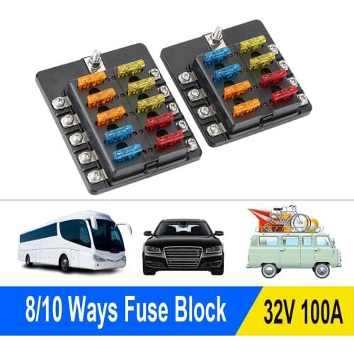 32V 100A Fuse Box Holder 8 Ways 10 Ways Blade Fuse Block M5 Stud With LED Indicator Light For Auto Car Marine Plastic Cover