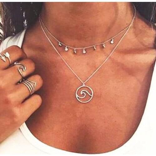 European Fashion Double Layer Wave Map Pendant Necklaces Vintage Geometric Round Sequins Charm Necklaces Women Jewelry YN98