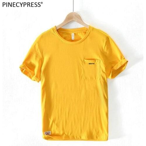100% Cotton Soft Anti-static Pocket Applique Men Short Sleeve T Shirt Summer O-neck Male Yellow Casual Round Neck Man T-shirt