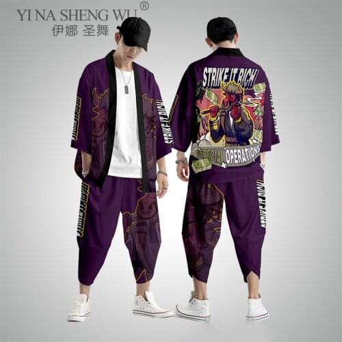 Japanese Style Vintage Fashion Loose Kimono Haori Coat/Pants Men Traditional Harajuku Streetwear Samurai Costumes Asian Clothes