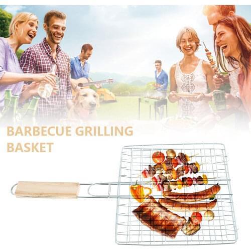 Stainless Steel Barbecue Grilling Basket BBQ Net Wooden Handle Meat Fish Clip Holder Outdoor Bbq Grilling Net Gr BBQ Rack Tool