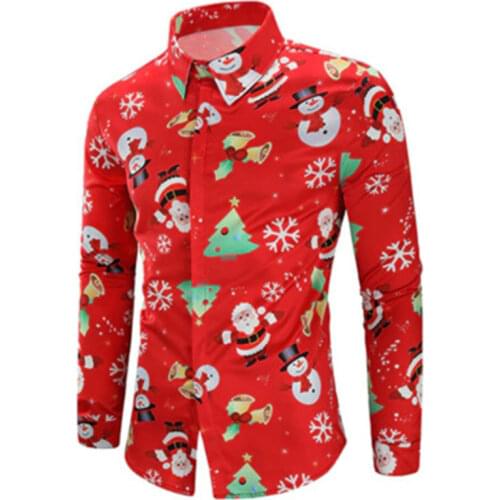 Man Christmas Printed Shirt Autumn Fashion Turn Down Collar Long Sleeves Tops Male Casual Single Breasted Blouse 3XL