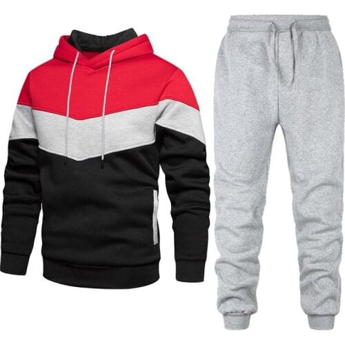 Men Set Casual Hooded Jackets Fashion Warm Tracksuit Sportswear Color Patchwork Hoodies+Pants Suits Male Coat Long Sweatshirt