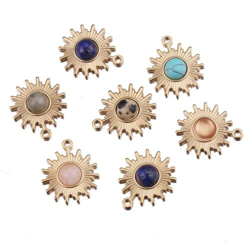 5PCS/LOT 16*19mm Natural Stone Stainless Steel Gold Sun Charms for Jewelry Making Earring Pendant Bracelet and Necklace Charm
