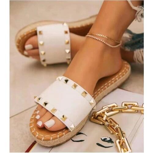 Summer Beach Slippers Solid Color Open Toe Rivet Flat Sandals Outdoor Casual Fashion Womens Shoes Plus Size 43