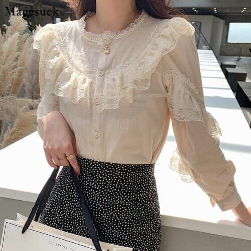 Spring Summer Loose Button Blouse Women Stand Collar Solid Office Shirts Plus Blouses Lace Cotton Ladies Tops Shirts Blusas 8049