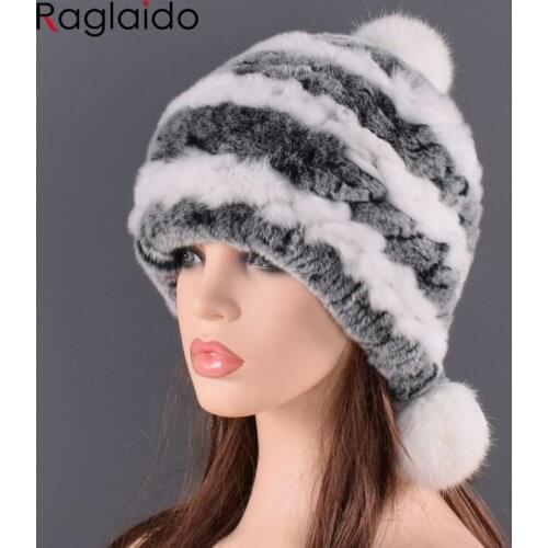 Bomber Fur Hats Women Winter Knitted Beanies Natural Rex Rabbit Fur Pompom Trapper Hat 2 Balls Stripped Warm Female Earflap Caps