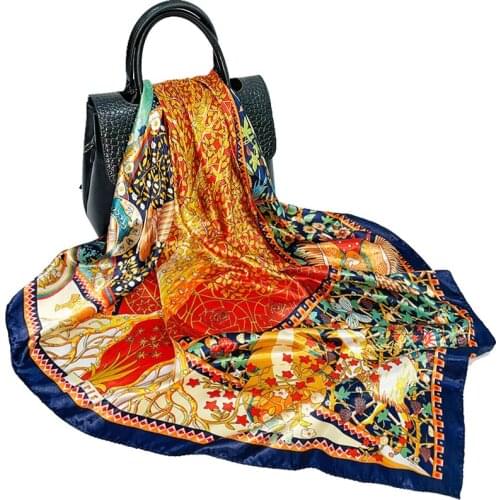 Silk Scarf Female Spring/summer 2021 New Fortune Tree Print Big Square Scarf Retro Satin Turban Scarf Shawl