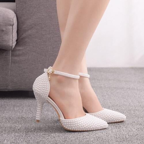White Pearl Wedding Shoes Bride Pointed Toe Party Dress High Heels Thin Sandals Ankle Strap Stiletto