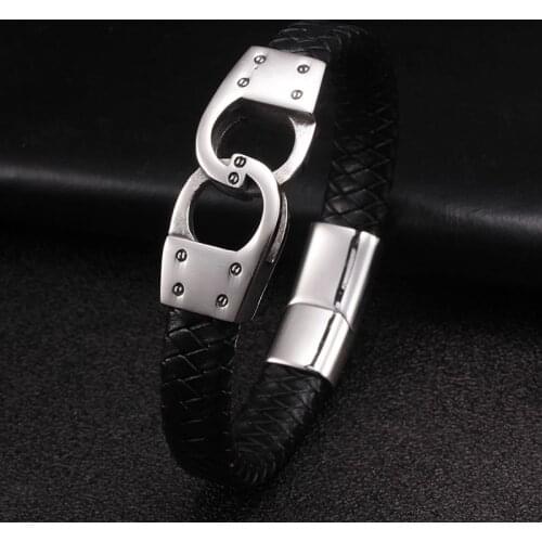 Vintage Men Boys Sporty Genuine Leather Bracelets Classic Handcuffs Stainless Steel Chain Link Cuff Charm Birthday Bracelets