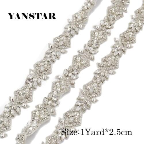 YANSTAR 10Yard Handmade silver crystal Rhienstone Applique Rose gold Bridal Belt Trim Iron On Wedding Dress Belt YS912