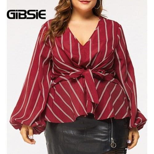 GIBSIE Plus Size V Neck Tie Front Striped Blouse Women Autumn Long Sleeve Office Casual Big Size Female Blouses 2021 New