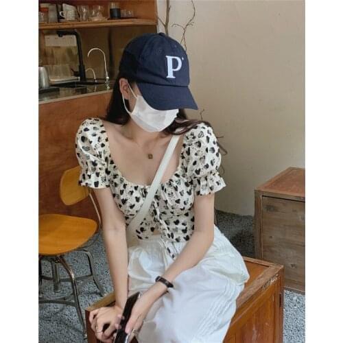 Love Puff Sleeve Shirt Womens Summer New Korean Slim Slim Square Neck Tie Short Sleeve Top