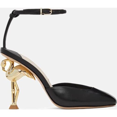 OLOMLB Womens Pointy Toe Genuine Leather Strange Irregular High Flamingo Heel Slingbacks Pumps Sandals Shoes for Women 5Colors