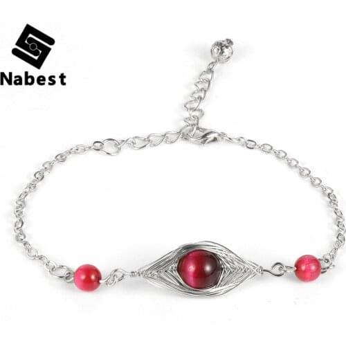 Women Girls Natural Stone Copper Wire Wrap Eyes Bracelets Tiger Eye Strawberry Crystal Turquoises Alloy Chain Fashion Jewelry