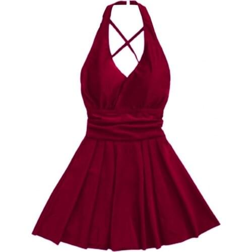 Women Swimsuit Beach Dress Conservative Off Shoulder Deep V Backless Bikini Skirt with Steel Support Chest Pad for Swimming Pool