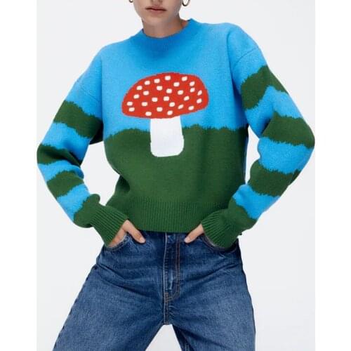 BM UR HM ZA Womens 2021 early autumn new retro fashion wild round neck long sleeve chic pattern casual knitted pullover