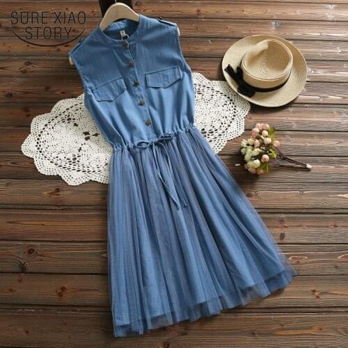 Summer Dress Sleeveless Women Lace Party Dress Casual Cotton Mesh Brick Red Blue Belt Waist Vestidos Fashion Clothing 3518 50