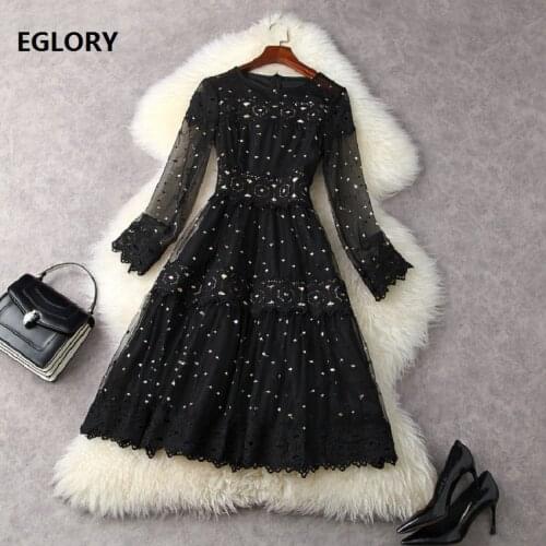 High Quality New Celebrity Style Dress 2021 Spring Summer Party Woman Sexy Tulle Mesh Patchwork Long Sleeve Black Lace Dress