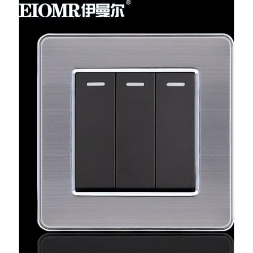86mm EU Black Stainless Steel Metal Wire Drawing Wall Switch for Household Power Supply 3Gang 1Way Switch 250V 16A