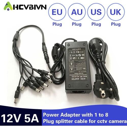AHCBIVN 12V 5A 8CH Power Supply CCTV Camera Power Box 8 Port DC+Pigtail COAT DC 12V Power Adapter