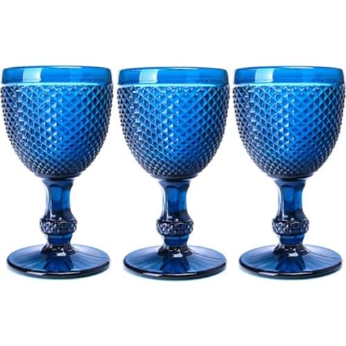 Wine Glasses Set of 3 Blue Red Wine Glass Goblets10oz for Friends Family Party Wedding Diamond Vintage Pattern Embossed 300ml