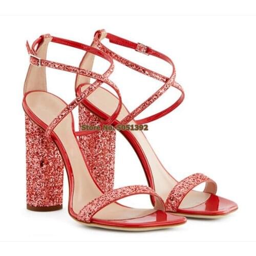 Women Summer High Heel Sandals Bling Bling Sequined Open Toe Chunky Heel Sexy Cross Strap Party Glittering Wedding Shoes