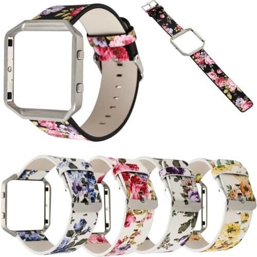 Metal Frame Cover Case 23mm Flower Print Genuine Leather Band For Fitbit Blaze Smart Watch Band Wrist Strap Bracelet