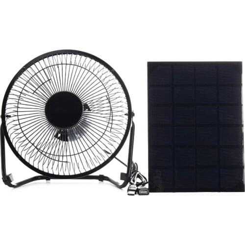 Black Solar Panel Powered +USB 5W metal Fan 8Inch Cooling Ventilation Car Cooling Fan for Outdoor Traveling Fishing Home Office