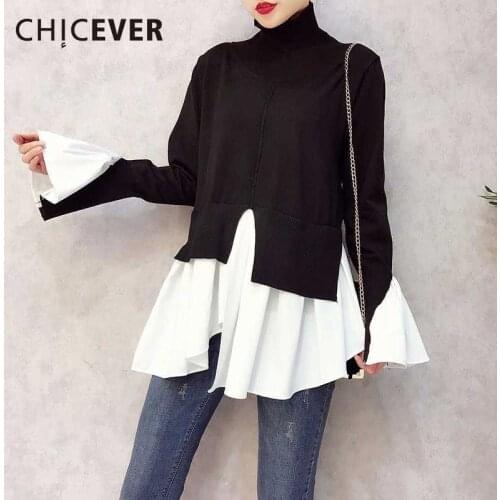 CHICEVER 2020 Spring Patchwork Pullovers Knitted Sweater For Women Turtleneck Flare Sleeve Irregular Female Jumper Sweaters Tide