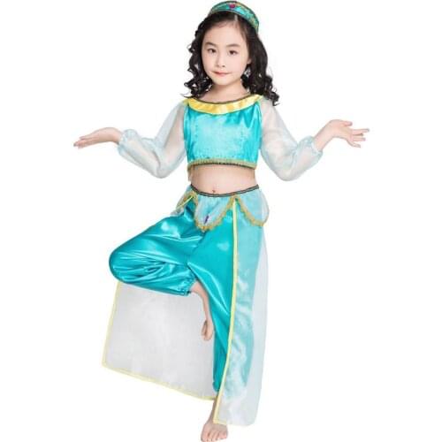 Girls Genie Princess Jasmine Costume Storybook Aladdin Lamp Cosplay Fancy Dress Belly Dance Outfit