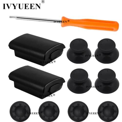 IVYUEEN Custom 2 Black Battery Pack Cover Shell + 4 Analog Thumb Stick + 4 Thumbstick Grip Cap for Xbox 360 Wireless Controller