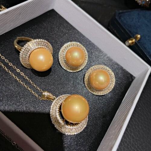 Top Quality Yellow Gold Color Freshwater Pearls Wedding Jewelry Set Round Earrings Necklace 925 Sterling Silver Pendant Necklace