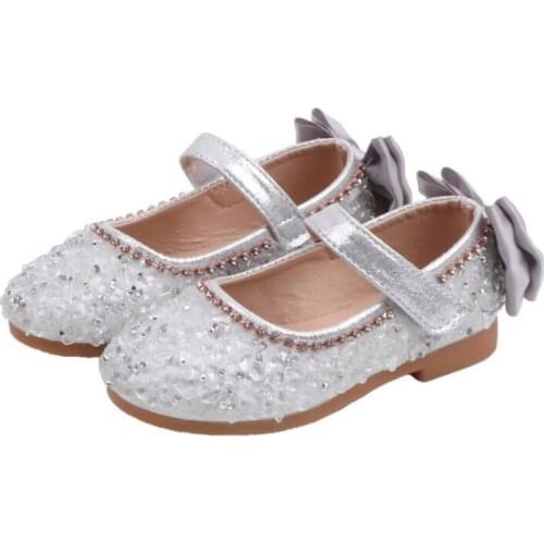 Four Seasons Children Girls Crystal Princess Gold Performance Shoes Flash Diamond Teenage Girl Leather Dance Shoes Silver