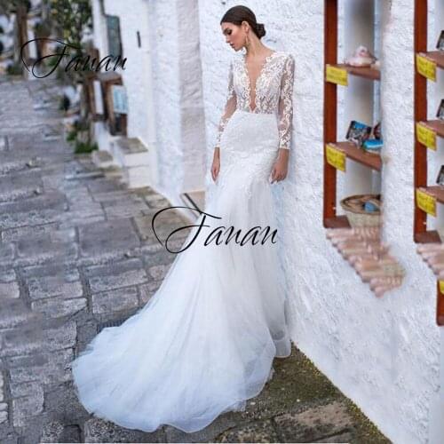 Sexy Deep V-Neck Long Sleeve Wedding Dresses Mermaid Backless Lace Appliques Tulle Bridal Gown robe de soirée de mariage платье