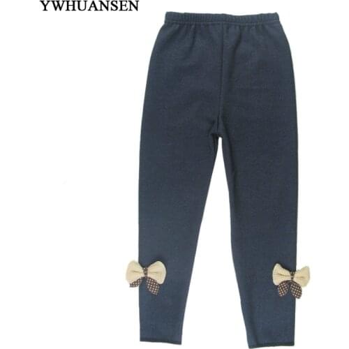 YWHUANSEN Atumn Winter Imitation Jeans Pants Bowknot Girls Warm Leggings Plus Cashmere Elastic Waist Childrens Trousers Thick